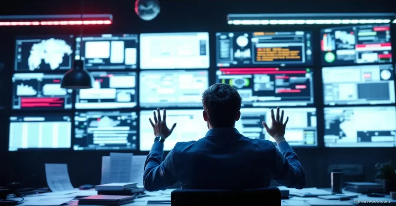 A person at a desk surrounded by security monitoring screens and documentation, hands raised in a gesture of overwhelm, with multiple alert notifications visibl