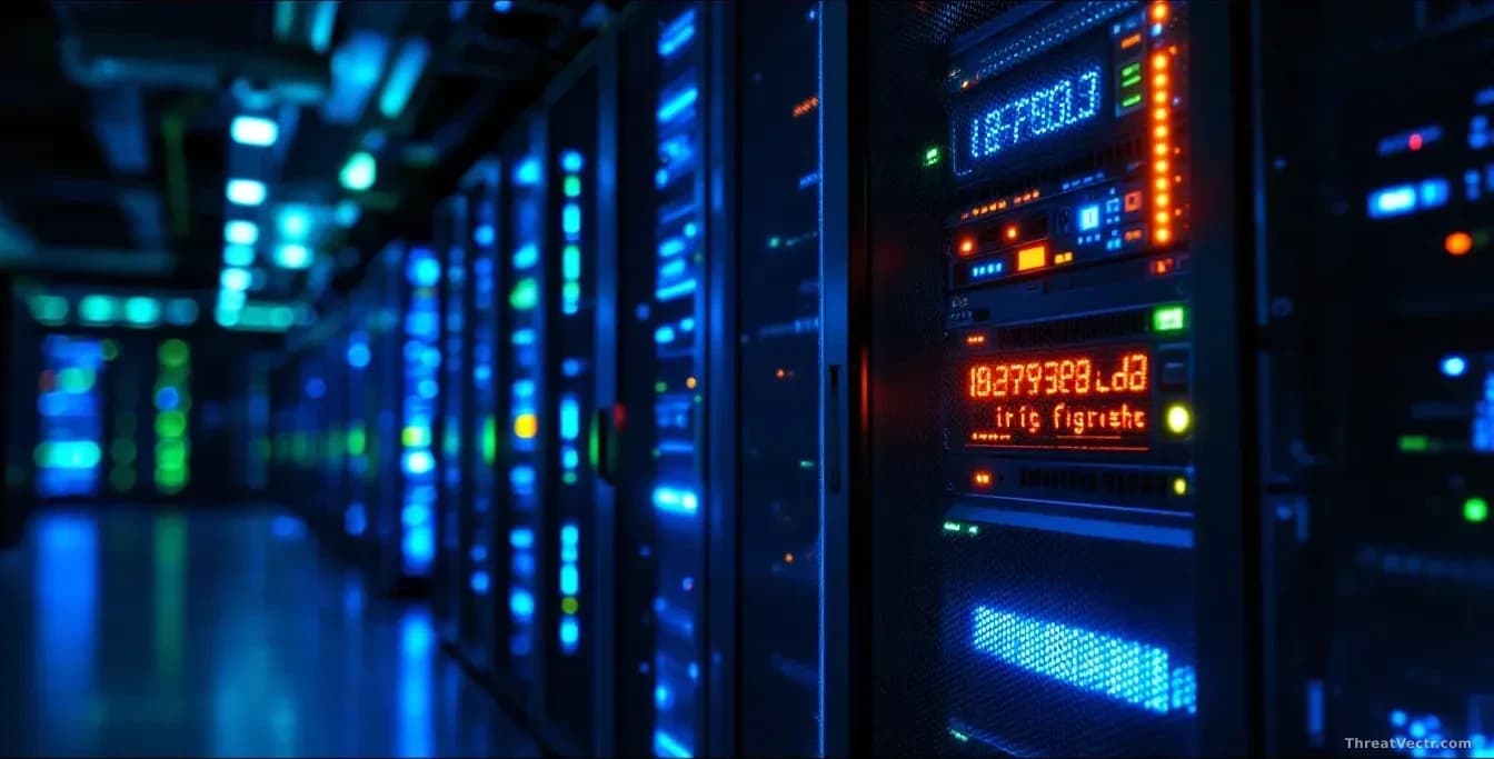 Server room with multiple tall rack units illuminated in blue and green, one unit's indicator lights flashing amber in an irregular pattern suggesting abnormal