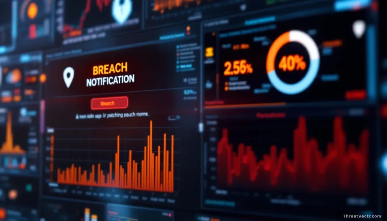 A security dashboard interface with multiple monitoring windows, one showing a breach notification alert while another display shows patching tools running in t
