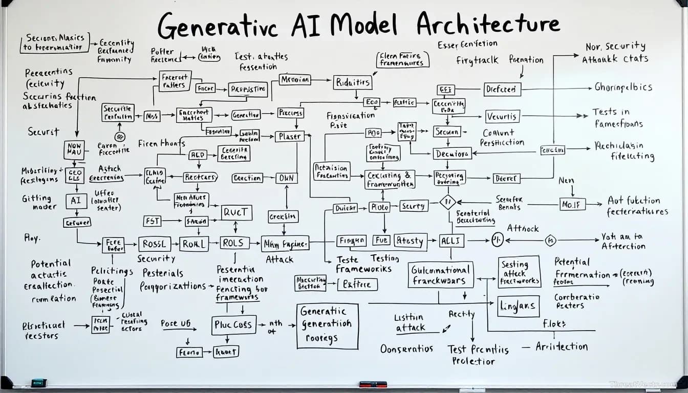 A complex flowchart or system diagram on a whiteboard showing generative AI model architecture with security checkpoints, testing frameworks, and potential atta