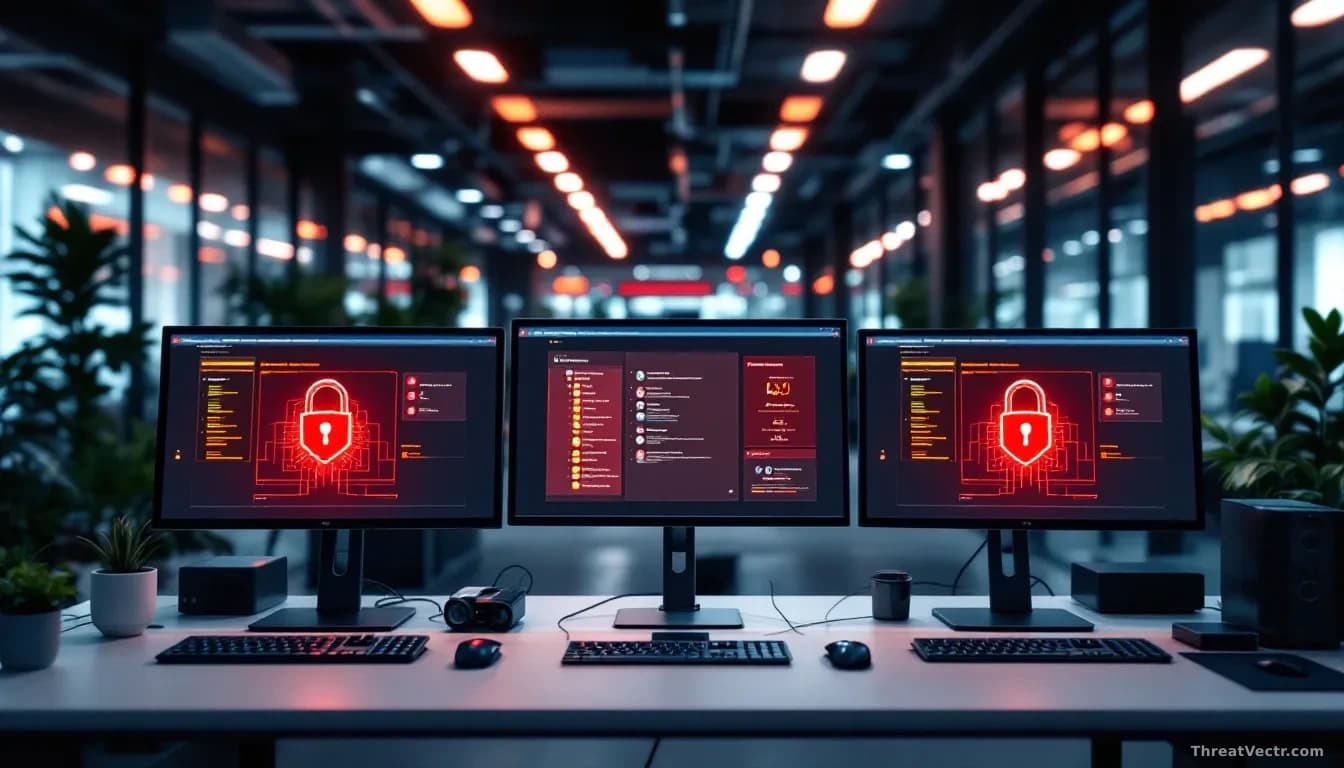 A corporate office IT environment showing three different server terminals and software consoles, with critical vulnerability badges displayed on each, and patc