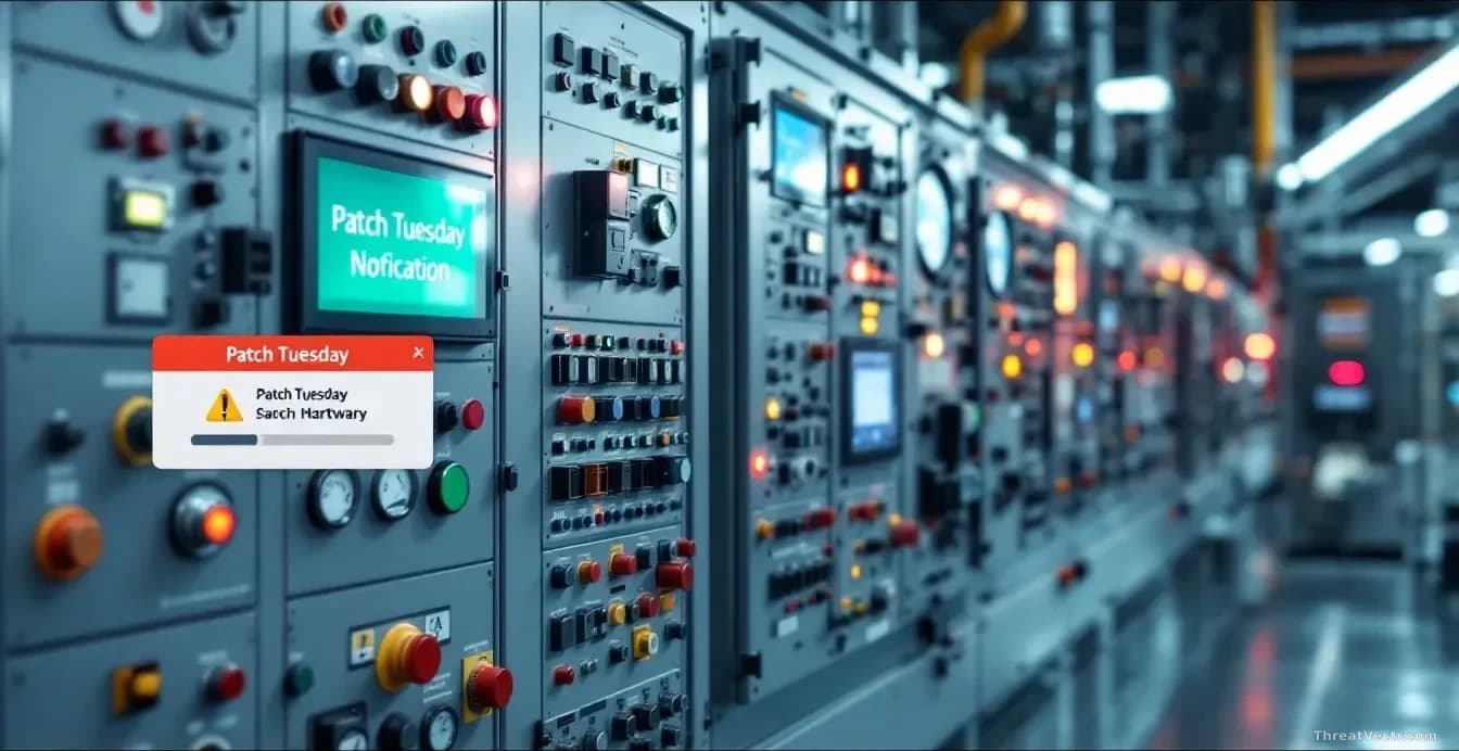 Industrial control system panels with buttons, gauges, and displays in a factory or power facility setting, with Patch Tuesday notification badges overlaid on c