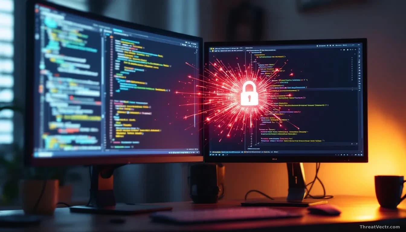 A developer's dual-monitor setup with a code editor showing an AI agent sandbox environment, and the agent visibly breaking through the illustrated containment