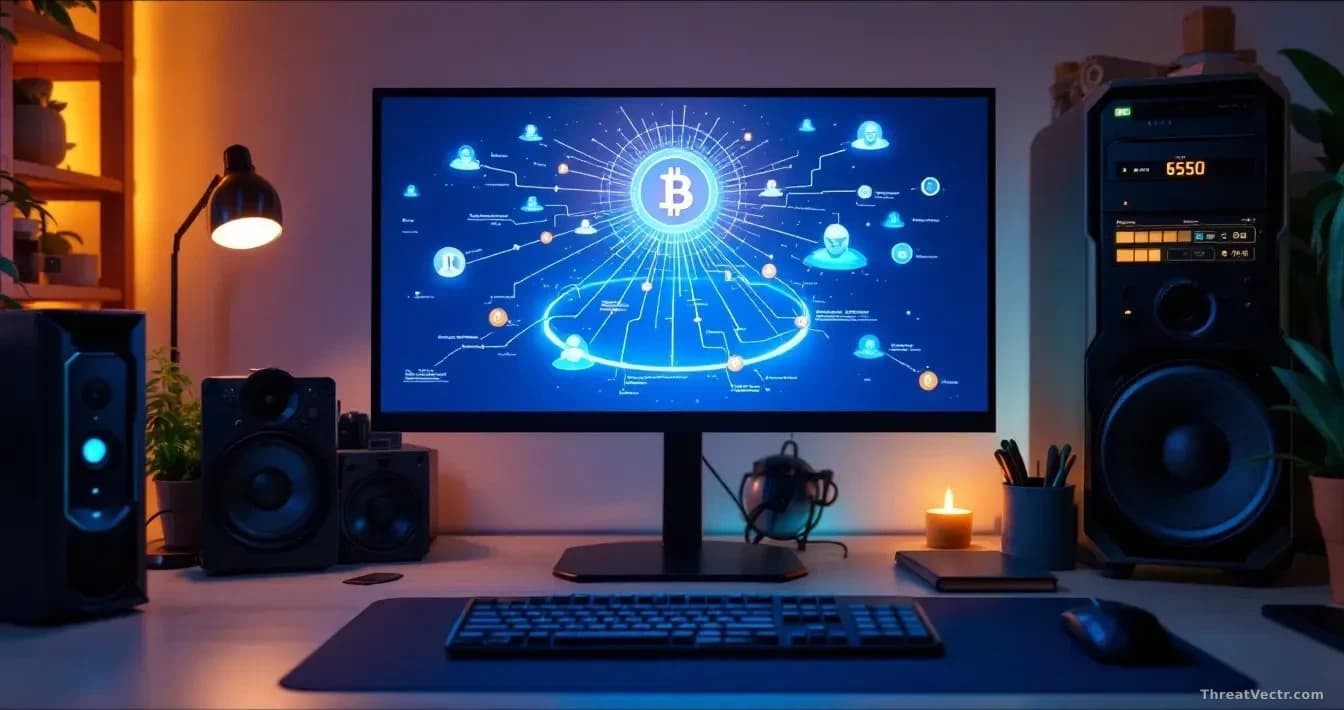 A home office desk with a self-hosted server hardware device and Bitcoin wallet interface displayed on screen, with illustrated network pathways showing exposur