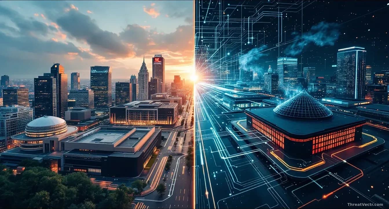A split composition showing a US tech campus building on one side and a Chinese tech facility on the other, connected by digital distillation attack pathways il