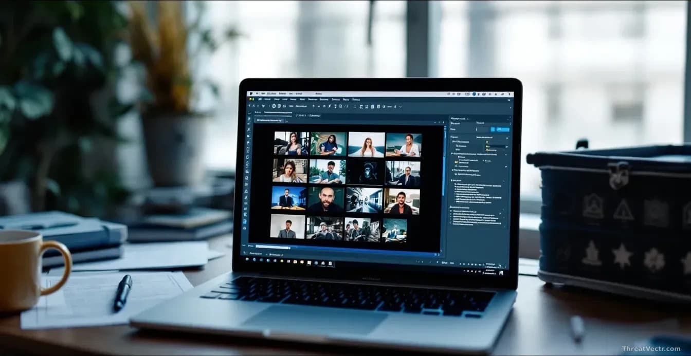 A laptop screen displaying AI image generation software interface with fabricated image thumbnails visible, surrounded by printed documents related to extortion