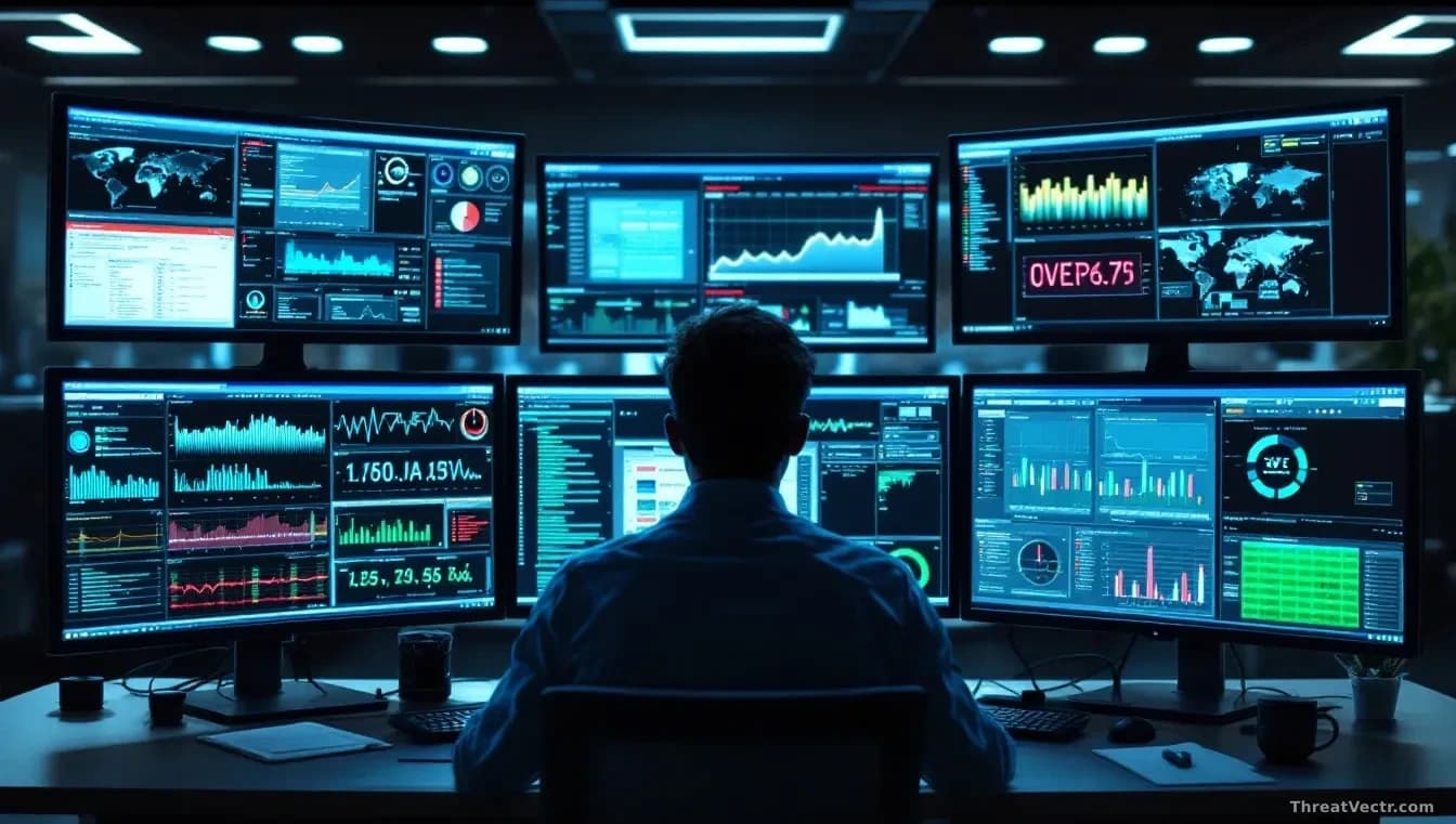 A security operations center with six different security dashboards and tools displayed across multiple monitors, with a CVE notification appearing on one scree