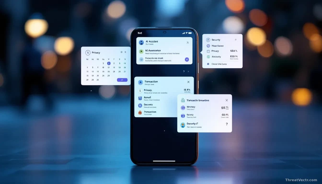 A smartphone displaying an AI assistant interface with calendar, email, and transaction windows open simultaneously, with privacy and security question marks su