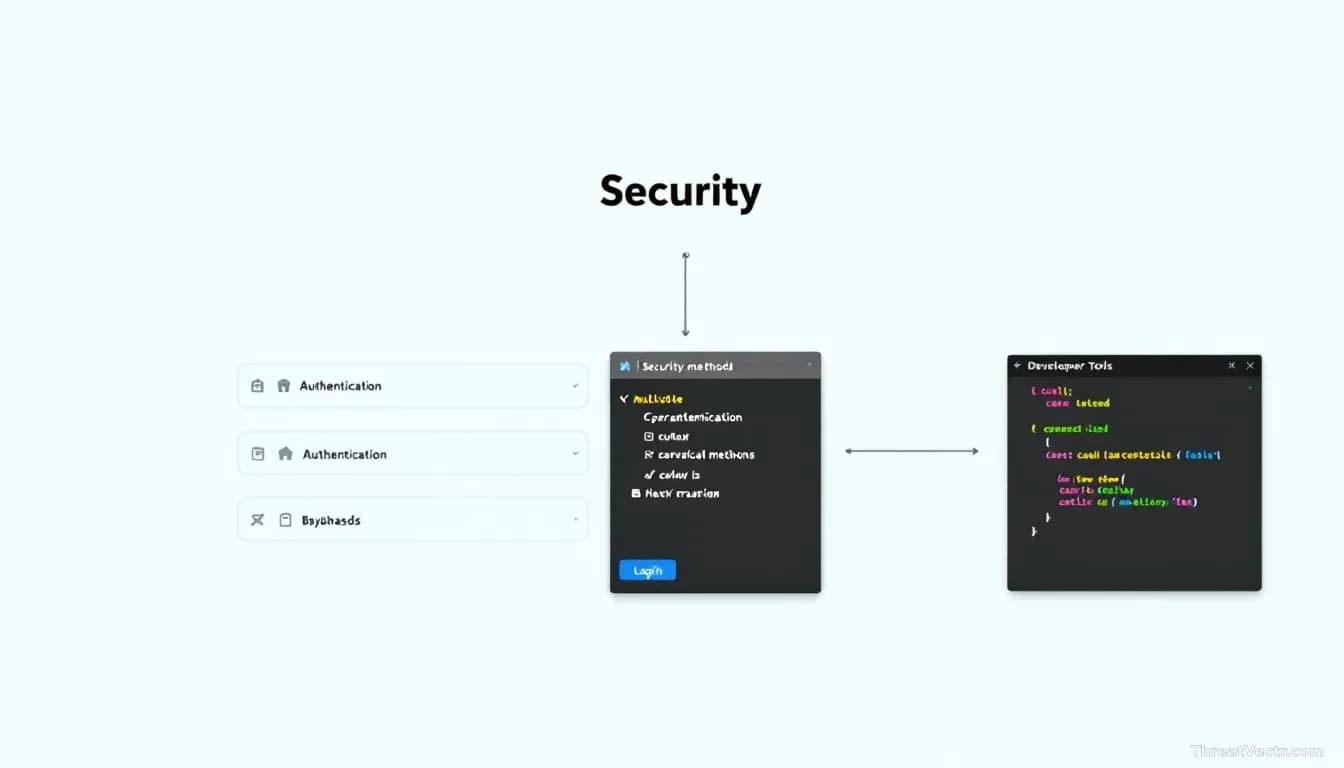 A security login screen with multiple authentication methods displayed, one visibly bypassed with code visible in the browser developer tools panel open beside