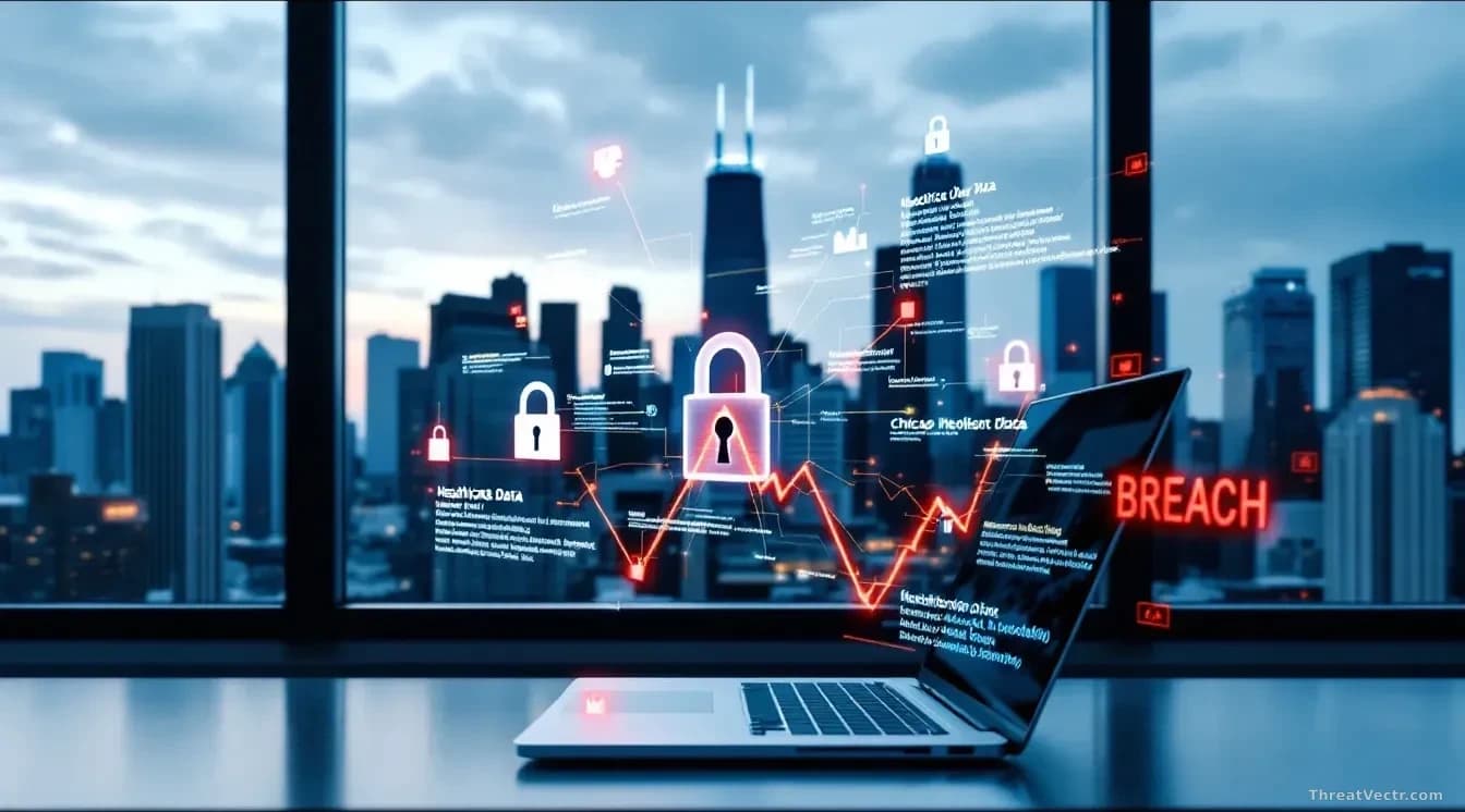 A Chicago downtown skyline framed through office glass with a laptop in foreground showing healthcare data columns, overlaid with digital lock symbols breaking
