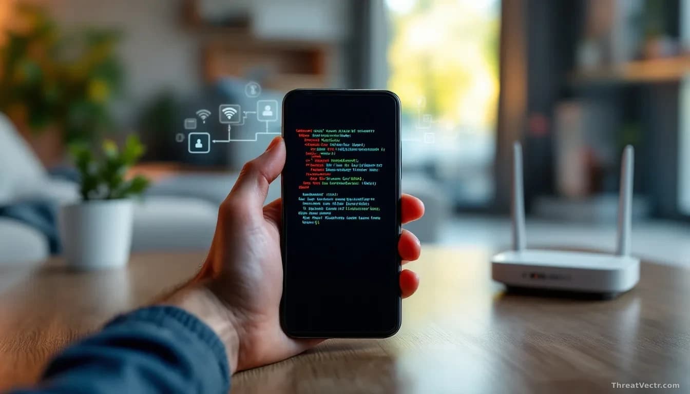 A smartphone sitting in a home environment with Wi-Fi router visible nearby, connected by illustrated malicious code pathways, suggesting over-the-air exploitat