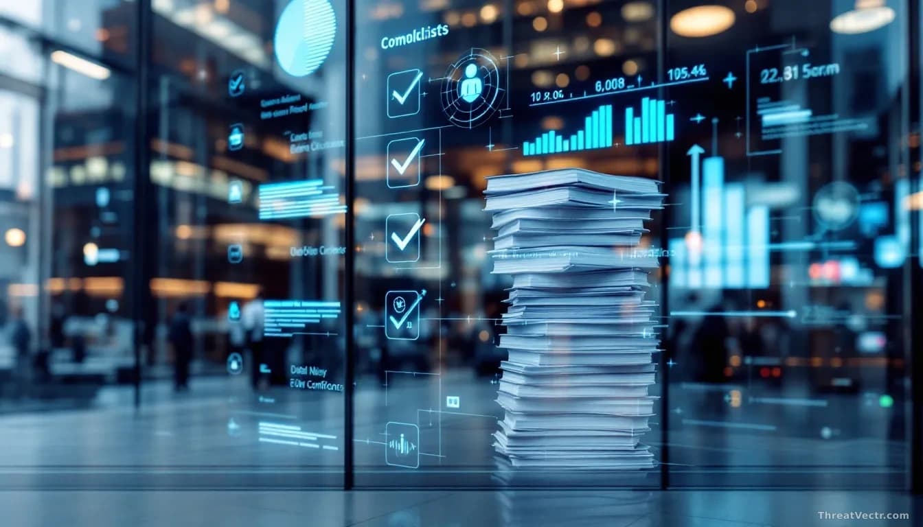 A UK office building's glass facade reflecting digital compliance checklists and AI interface elements, with a stack of corporate compliance documents being dig