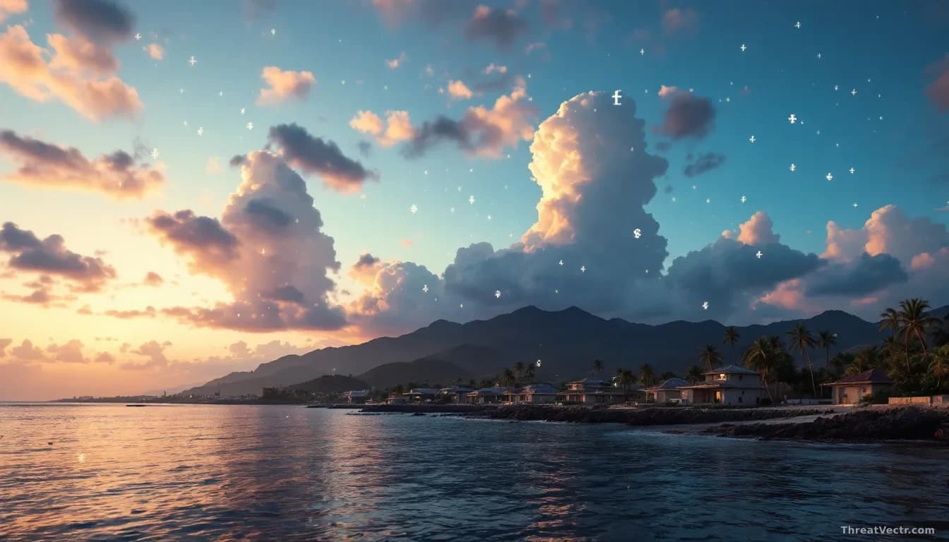 A tropical coastline at dusk with concrete compound buildings visible inland, cryptocurrency symbols digitally overlaid faintly across the sky, suggesting seize