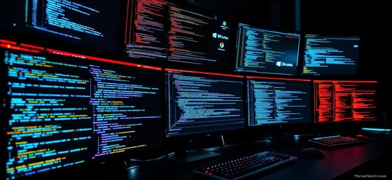 Multiple computer monitors displaying cascading code and exploit payloads, with Windows logos and Chrome browser icons arranged across screens in a dimly lit op