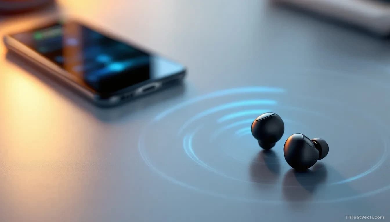 A pair of small wireless earbuds sitting on a desk with a smartphone displaying Bluetooth connection settings nearby, surrounded by concentric RF signal waves i