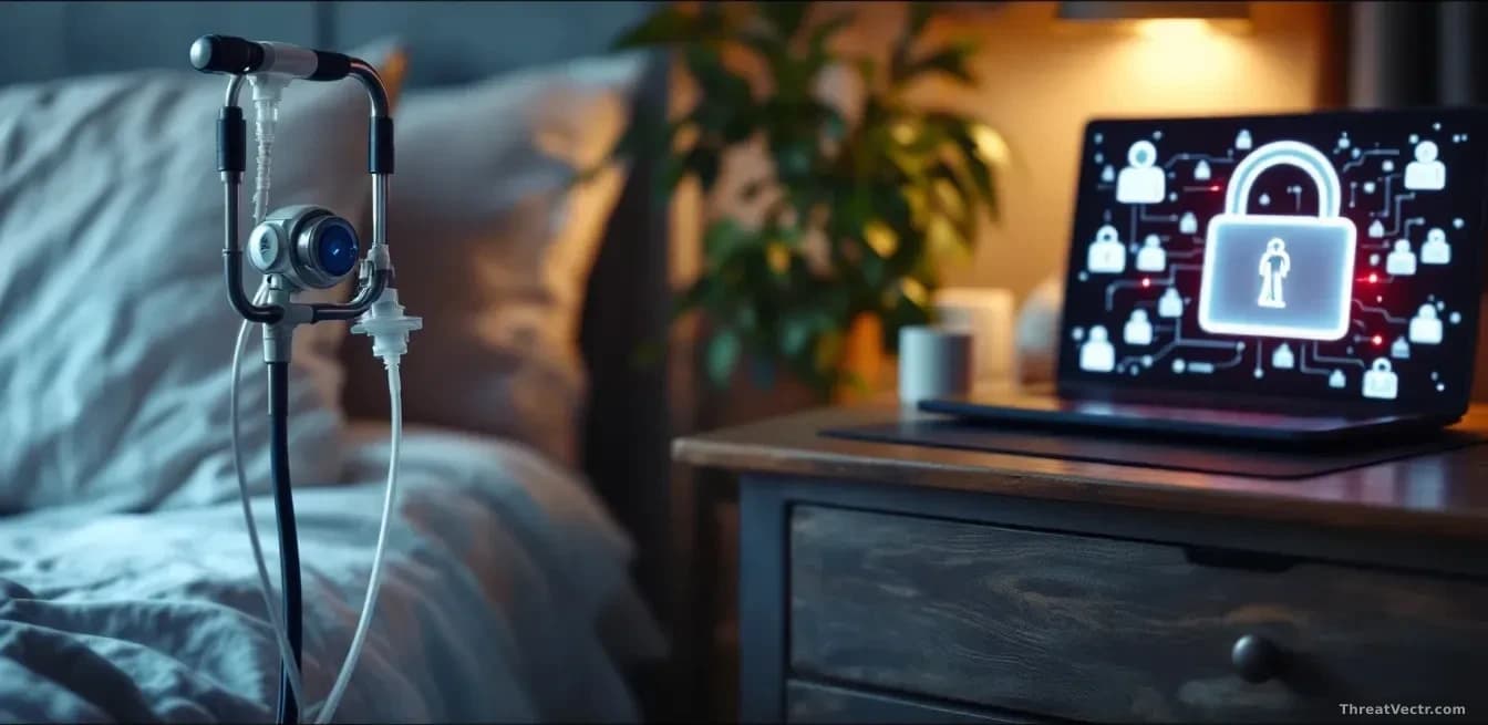 A medical oxygen tank and mobility equipment arranged on a residential bedroom nightstand, with a laptop displaying encrypted patient file symbols slightly out