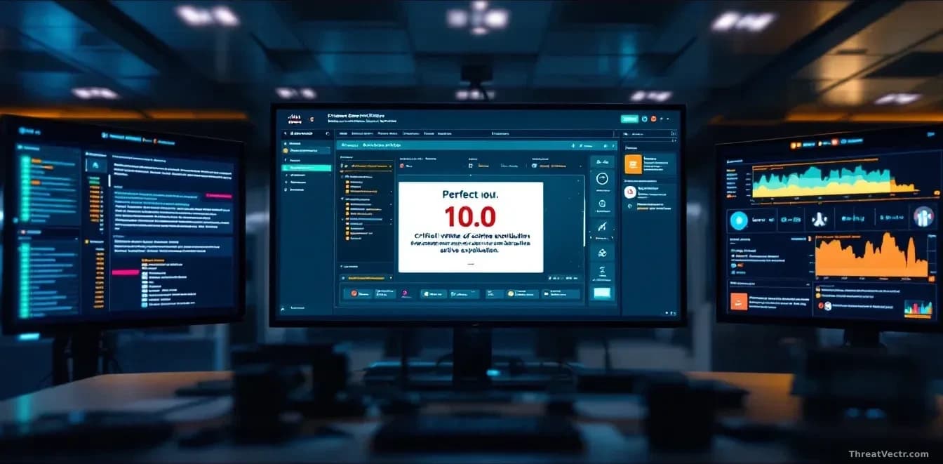 A cybersecurity operations center with Cisco Secure Firewall Management Center interface displayed on a large screen, a perfect 10