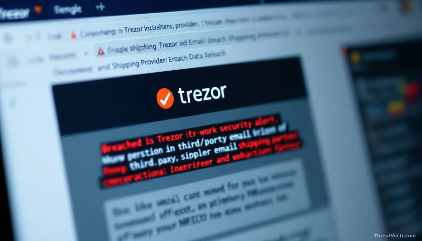 A phishing email in an inbox with a spoofed Trezor security alert subject line, security warning indicators, and behind it visible records of a breached third-p