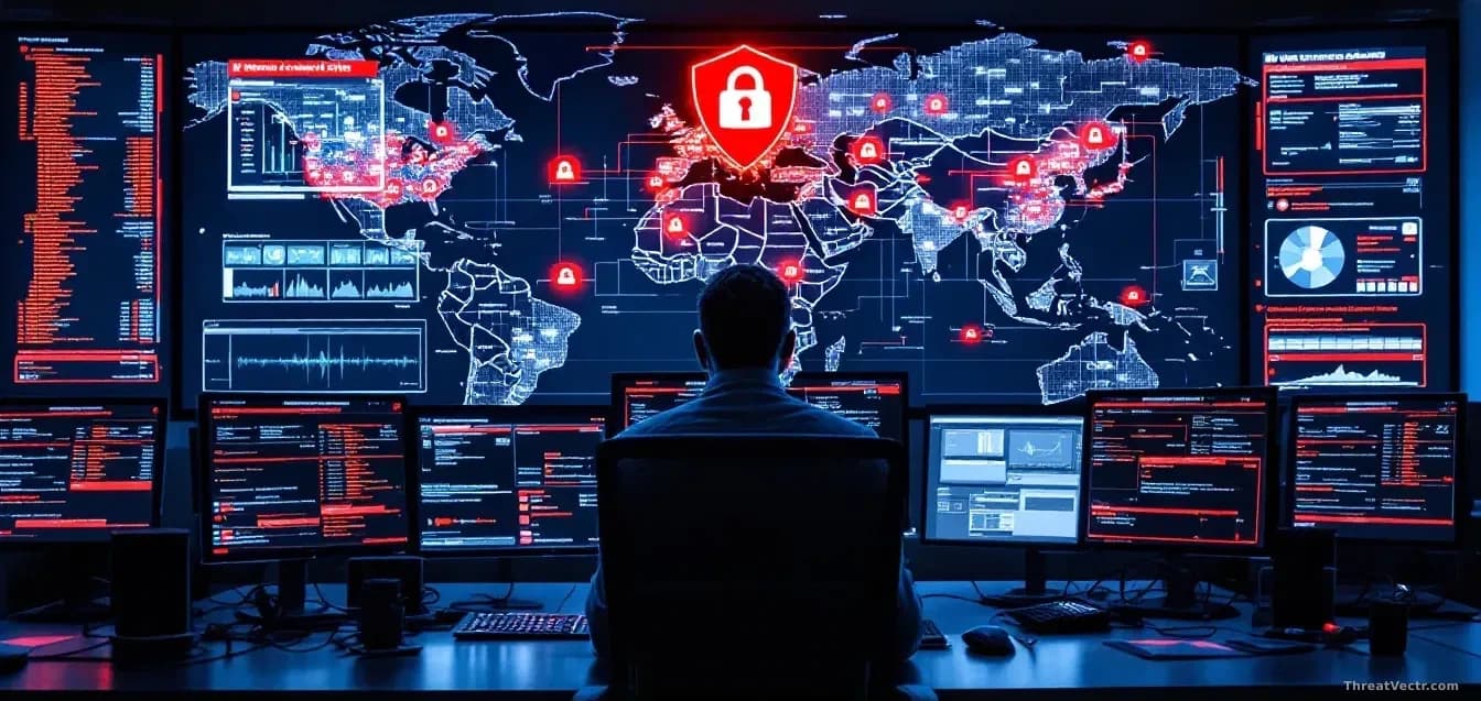 A network operations center displaying thousands of WatchGuard firewall devices on a map, critical unpatched devices highlighted in red, ransomware attack alert