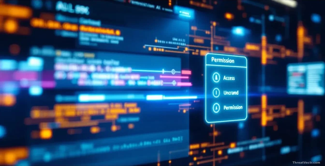 A corporate AI system interface showing permission levels and access control mechanisms, with an unauthorized command being executed through a permission bypass