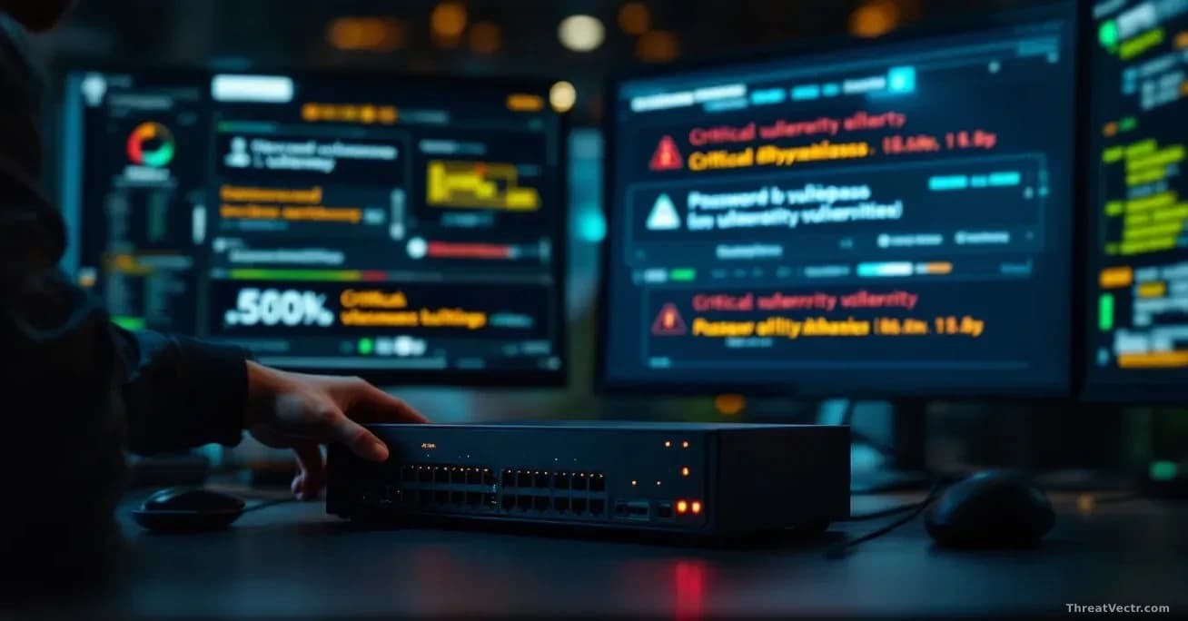 A corporate network security gateway or firewall device being examined, with critical vulnerability alerts displayed on adjoining monitors showing password bypa