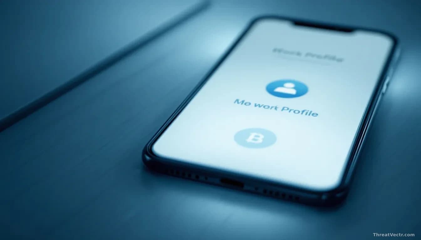 An Android smartphone interface showing a hidden work profile nested within the phone's settings, with a fake banking app icon visible inside the concealed prof