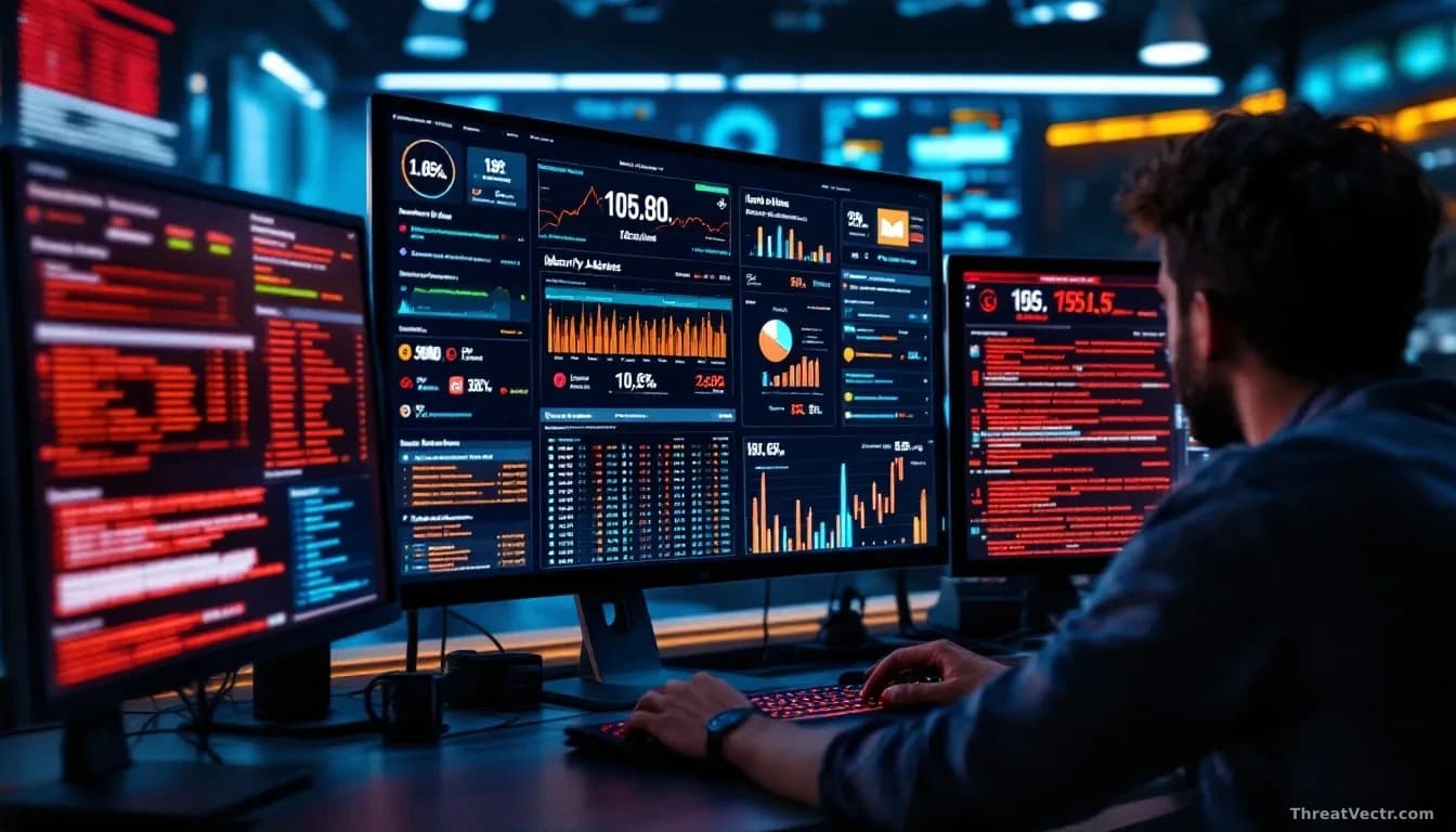 A security analyst's workstation displaying a real-time threat dashboard with login attempts, phishing emails, and identity abuse alerts covering the screens, w