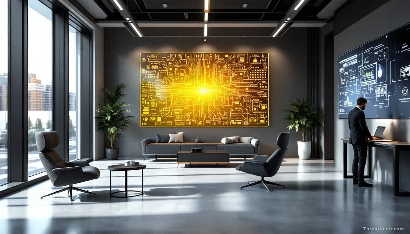 A sleek modern office space with security infrastructure visible on walls, portraits of network architecture and system diagrams, natural light illuminating a p