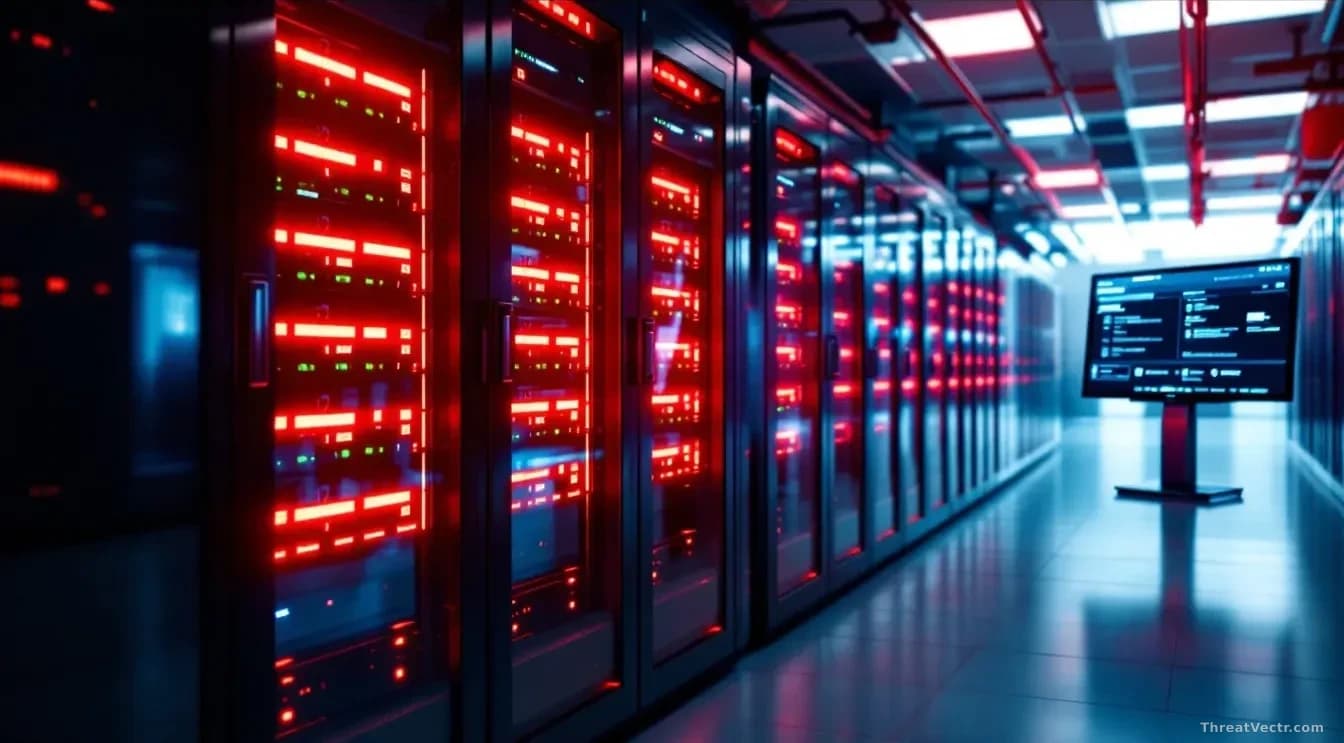 A server room with rows of cloud storage infrastructure, red warning indicators lighting up on server panels, with a dark web marketplace interface visible on a
