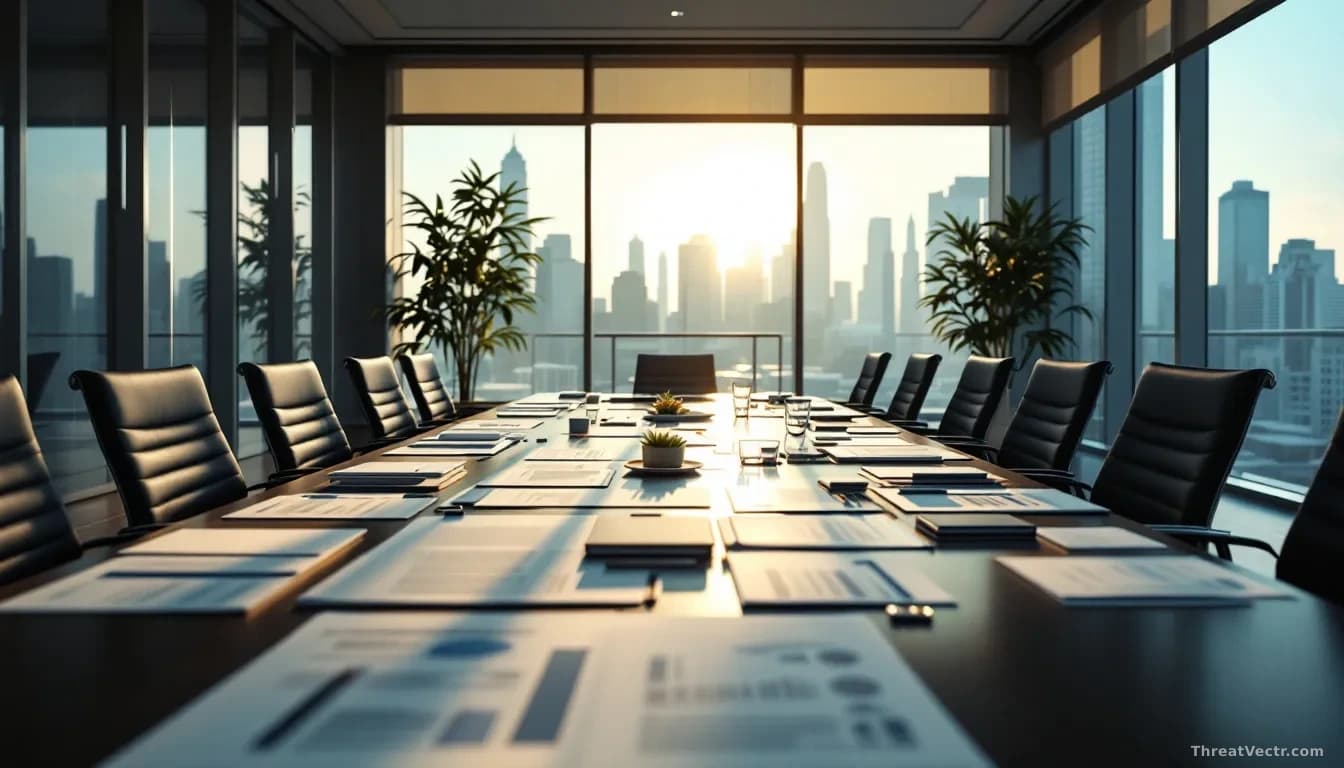 A modern corporate conference room with a large table scattered with deal documents, contracts, and financial reports, morning light streaming through floor-to-