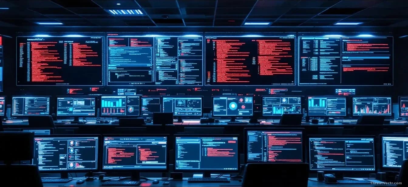 A network security operations center at night, multiple screens displaying cascading alerts and breach notifications in red, with code and targeting information