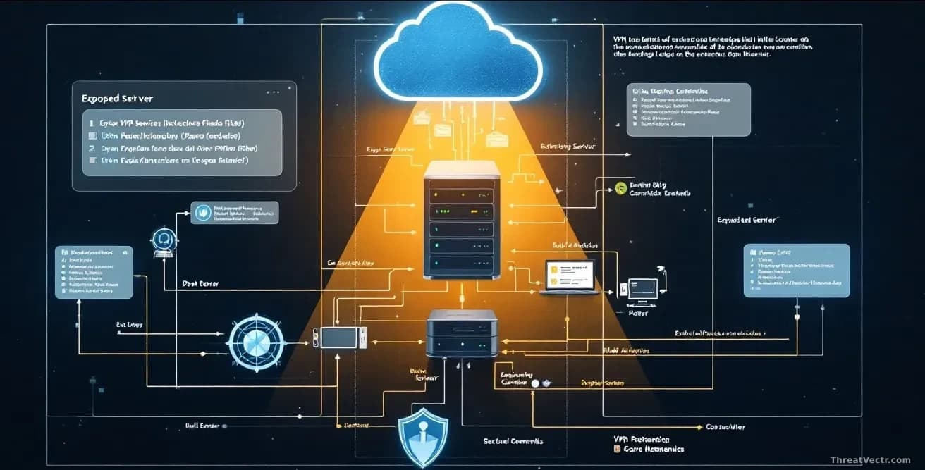 A VPN service infrastructure diagram showing an exposed test server with open configuration files displayed, engineering credentials and build artifacts visible