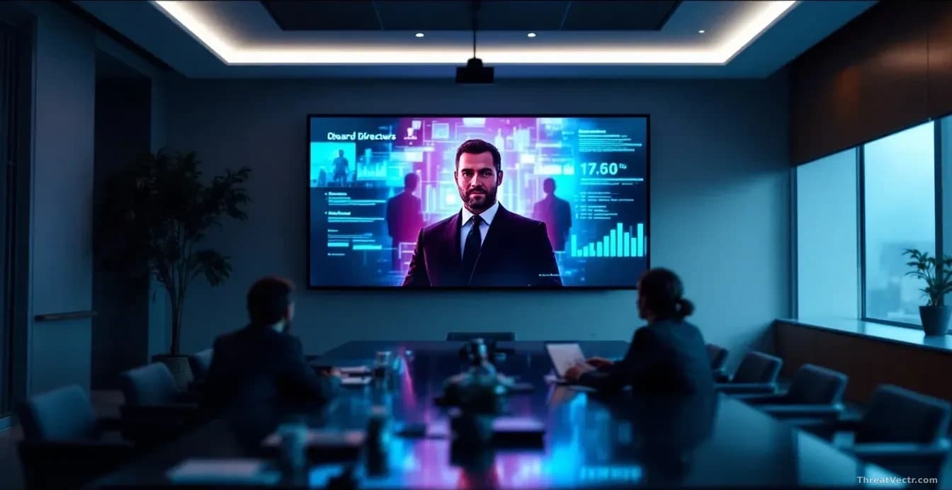 A corporate boardroom during an announcement, with a portrait or silhouette being added to the board of directors display, cybersecurity firm history and accomp