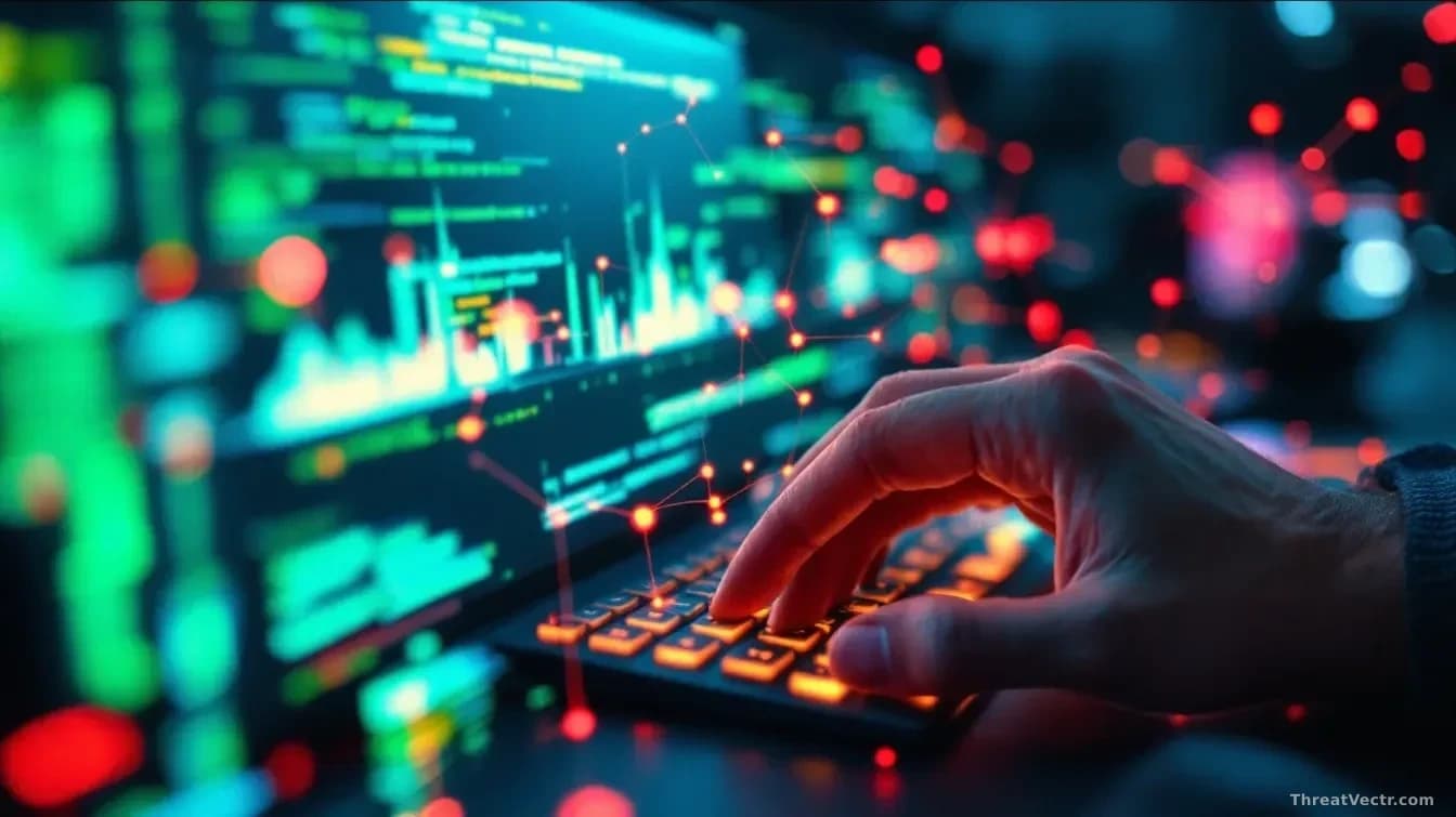 A user clicking a seemingly innocent link on their browser, triggering a cascade of vulnerability exploitations visualized as connecting nodes, ultimately reach