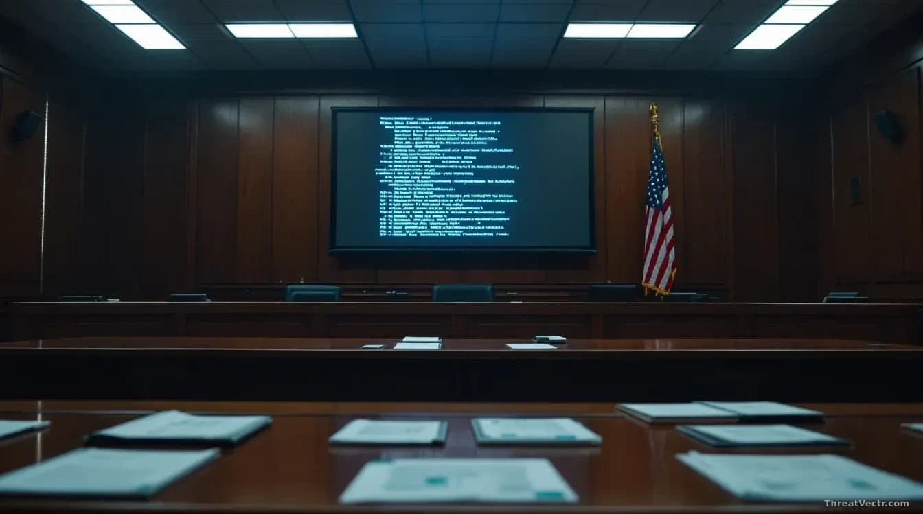A courtroom setting with ransomware malware code projected on a screen behind the defendant's area, stolen company data files arranged on evidence tables