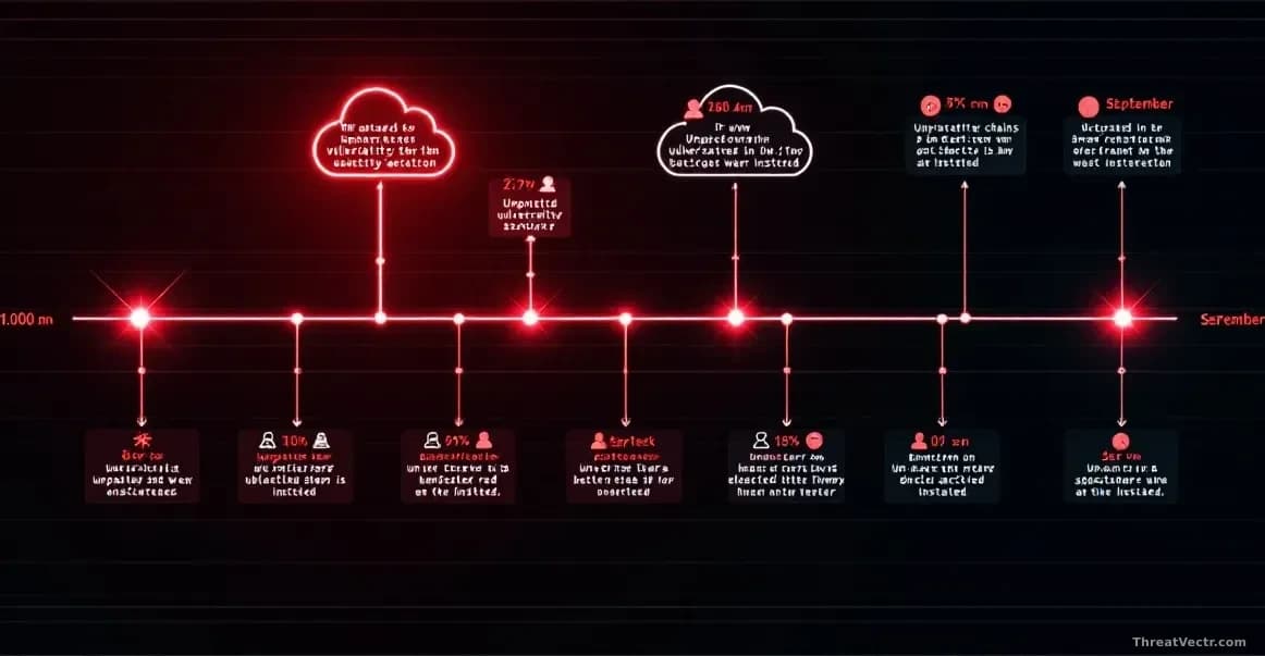 A timeline visualization from mid-August to early September showing two vulnerability chains being exploited, unpatched server icons turning red as backdoors ar
