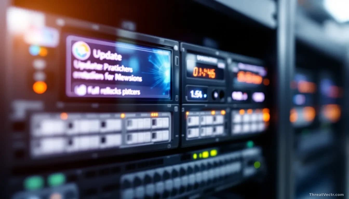 Print servers in a network rack with update notifications displaying across connected workstations, version numbers changing from patches to full releases