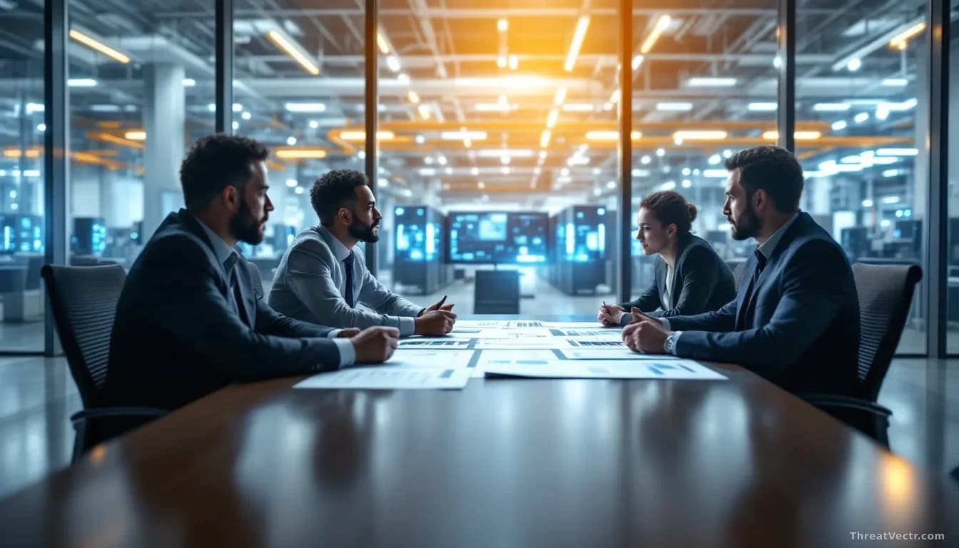 A corporate boardroom with executives reviewing contract documents, servers and factory floor equipment visible through windows in the background, integration d