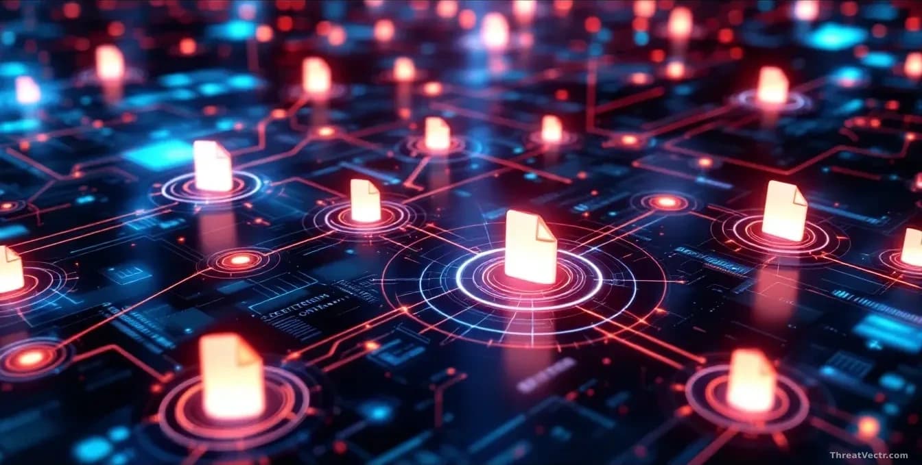 A data center visualization showing sensitive file icons moving through AI system pathways with control checkpoints and monitoring overlays being added in real-