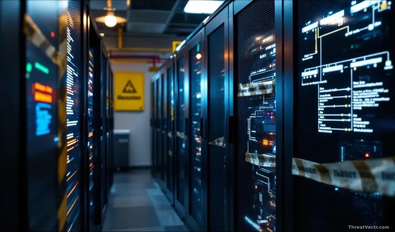 A server room with one machine marked with warning tape, its directory structure displayed on an adjacent monitor showing file path traversal routes exposed