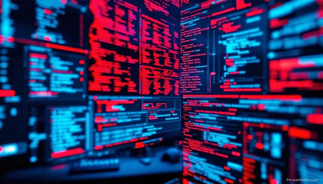 A security analyst's workstation overwhelmed with vulnerability scanner output, red critical alerts filling the screen while a smaller exploit path diagram is n