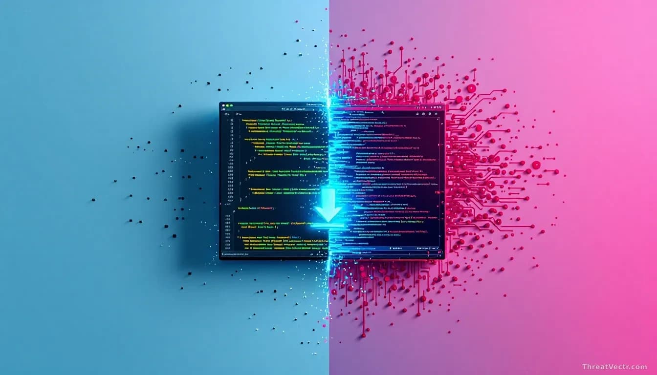 A split-screen view showing trusted application interfaces on one side morphing into malicious code structures on the other, with download progress indicators v