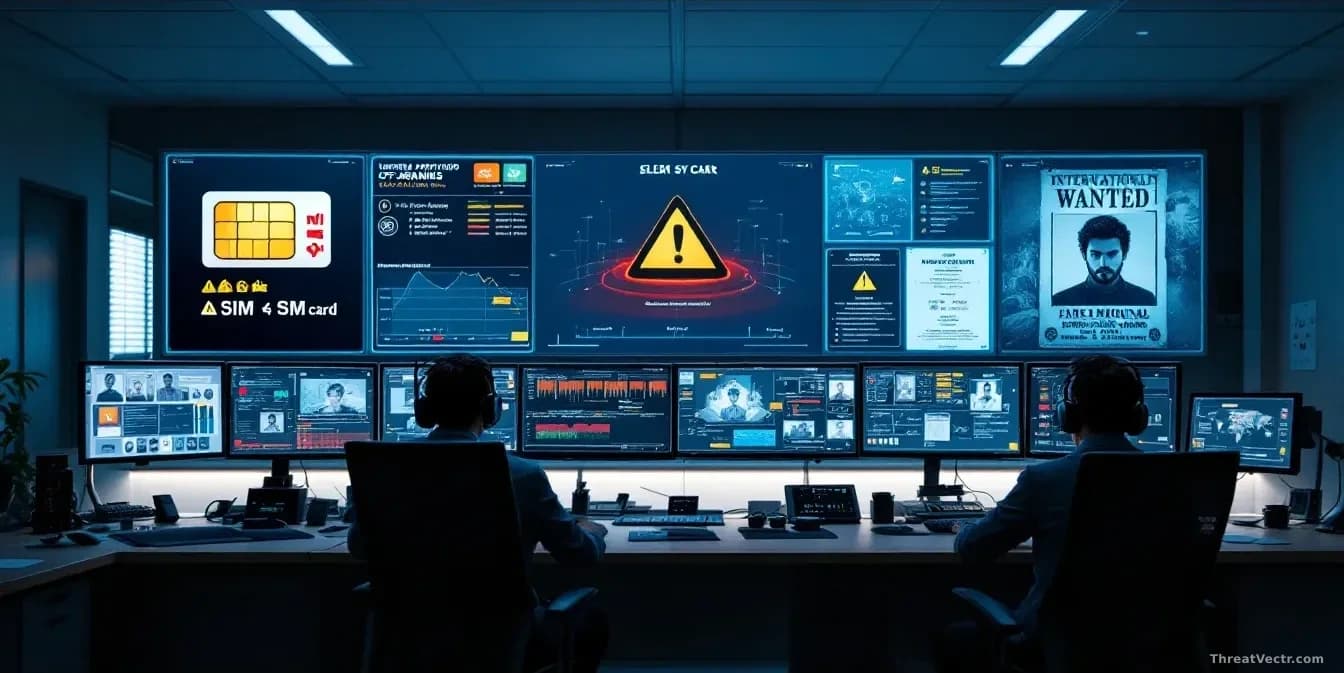 A security operations center with multiple monitors displaying alert systems, one showing a SIM card symbol with warning indicators, another with an internation