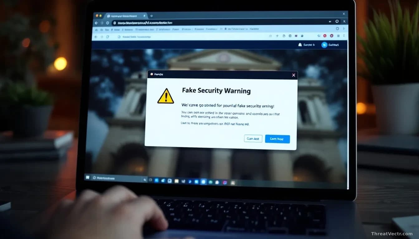 A laptop screen displaying a government website with a fake security warning popup, a command-line interface or paste dialog visible, with a keyboard in the for