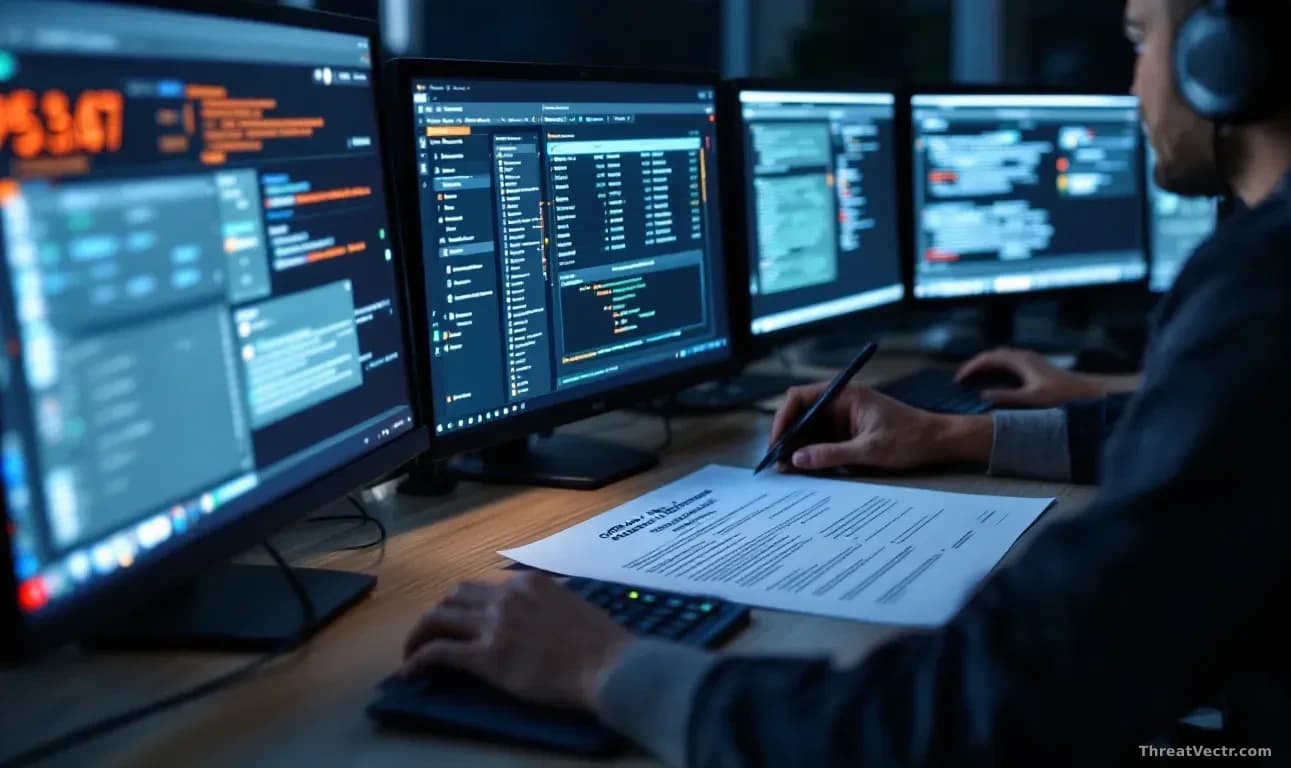An IT team working at workstations with network configuration tools and firewall settings open on screens, with official notification documents from a cloud ser
