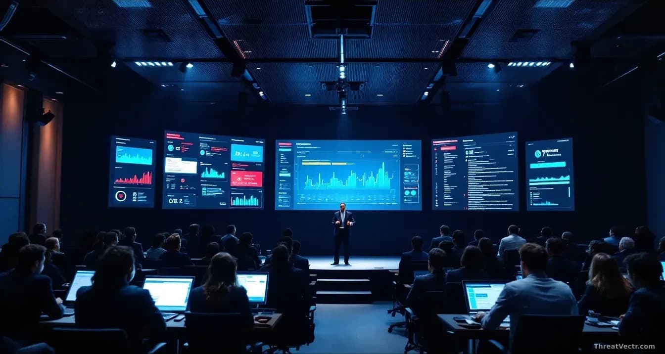A cybersecurity conference hall with a speaker presenting at a podium, security team members in the audience looking overwhelmed, multiple alert dashboards visi