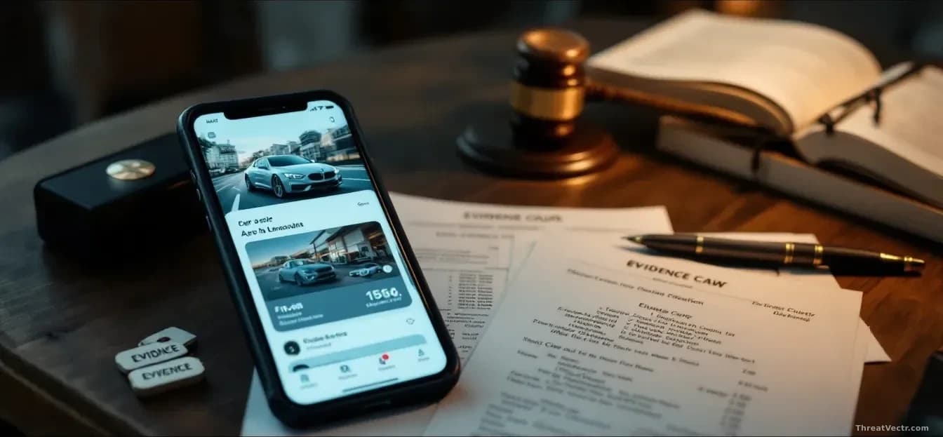 A domestic scene with a smartphone on a table displaying a car manufacturer's app and financial documents, with evidence tags or court documentation nearby, sug