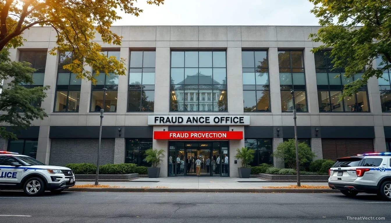 A government office building exterior with investigative or fraud prevention signage, with a data analytics company's presence suggested through visible signage
