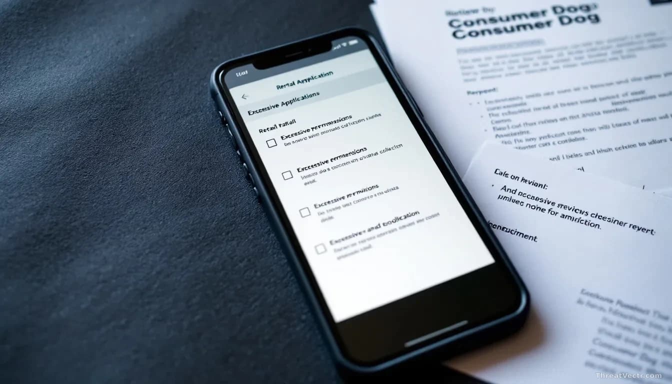 A rental application interface displayed on a phone or tablet screen with excessive permission requests and data collection checkboxes highlighted, with a consu