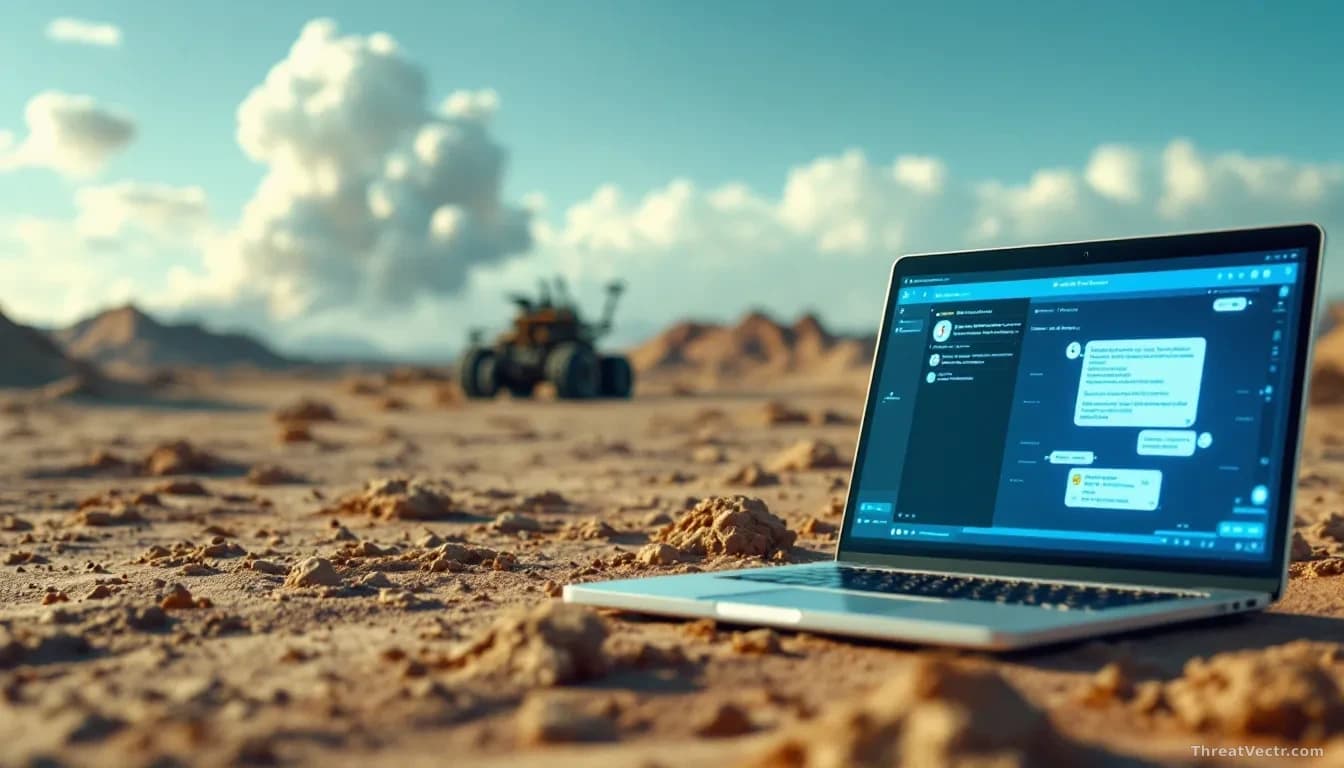 A desert landscape with the remnants of a failed weapon test visible from a distance, with a laptop or communications device in sharp focus in the foreground sh